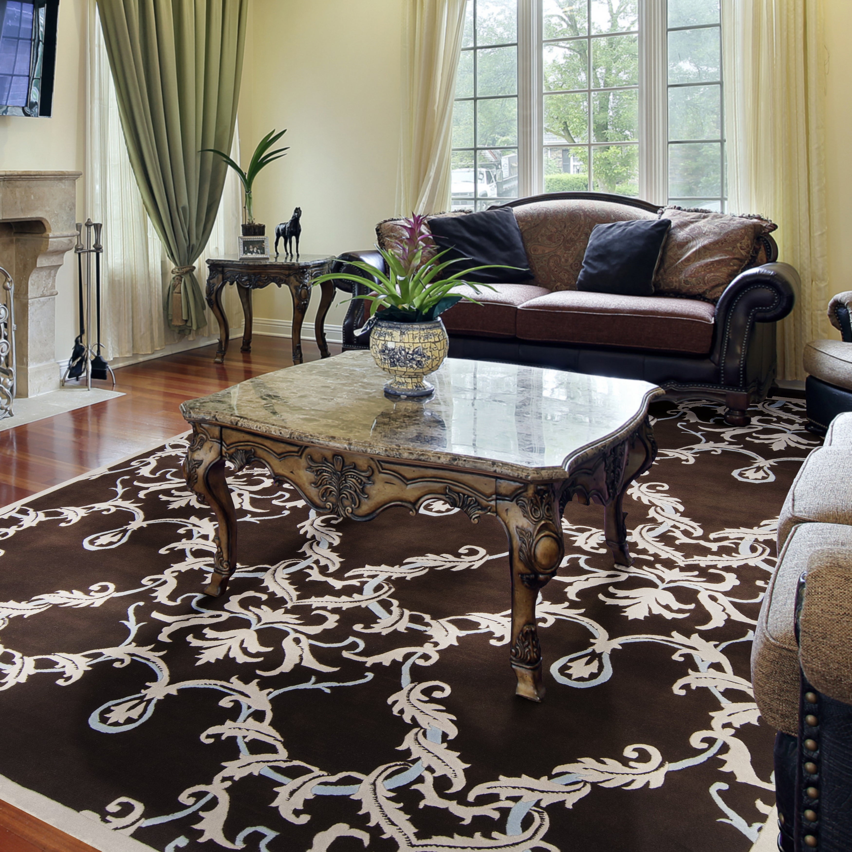 Hand-knotted Multicolored La Crosse Damask Print Wool Area Rug – 5′ x 8’/Surplus