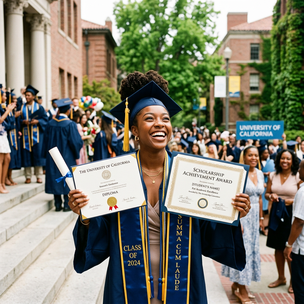 Graduate in cap and gown holding diploma and scholarship certificate